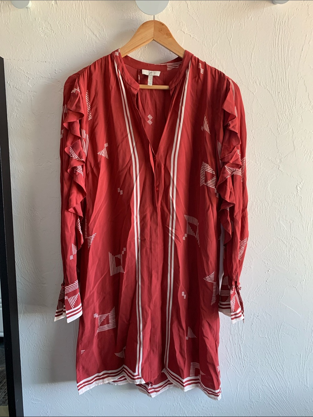 Joie Red Ruffled Long Sleeve Dress with White Stripe Detail